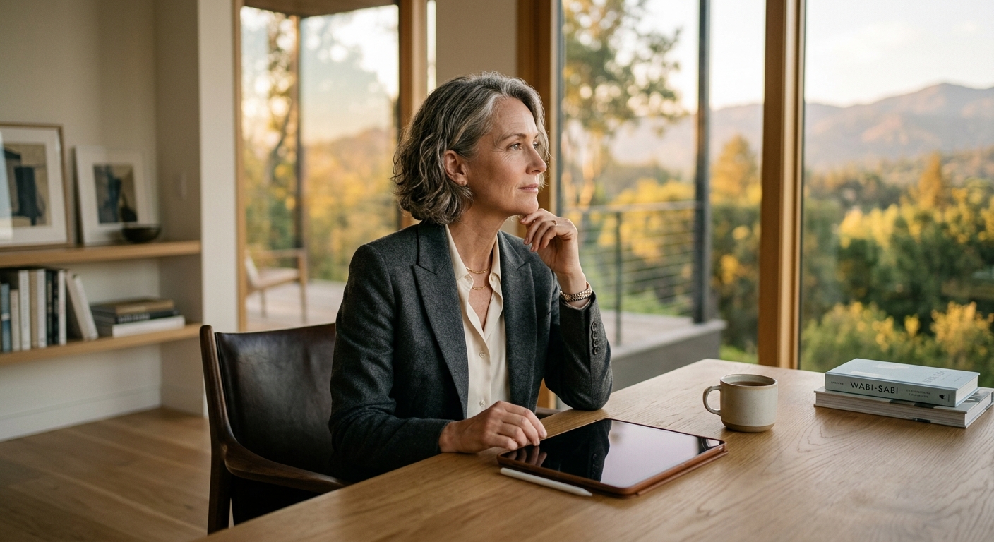 Professional woman with grey hair sits at a desk, looking thoughtfully out a window at a scenic landscape