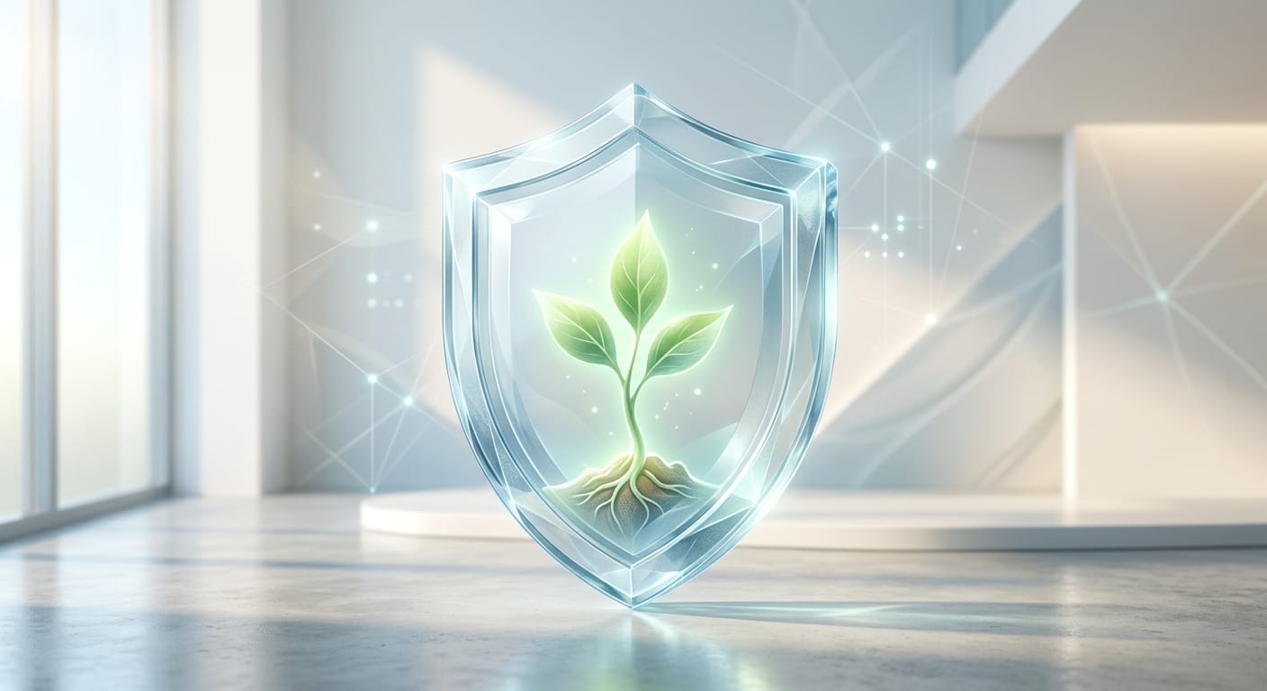 A glowing green sprout protected by a transparent shield in a modern, high-tech setting