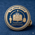 Blue and gold circular badge with book and gears