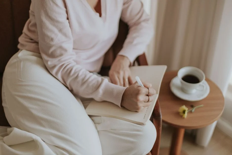 Person seated in an armchair writing in a notebook, with a cup of coffee on a small side table